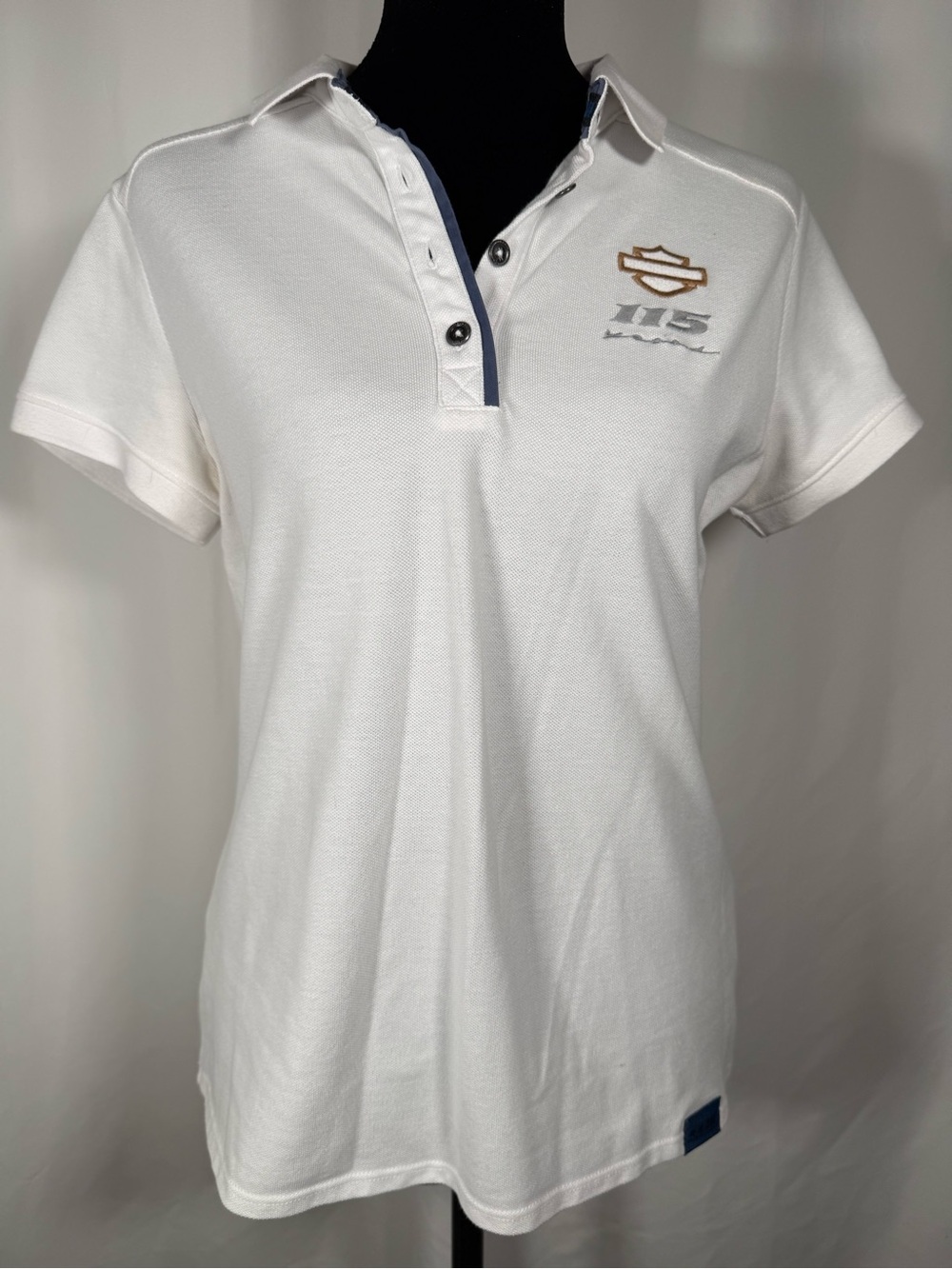 Harley-Davidson White Polo with Blue Trim and Brown Embroidery